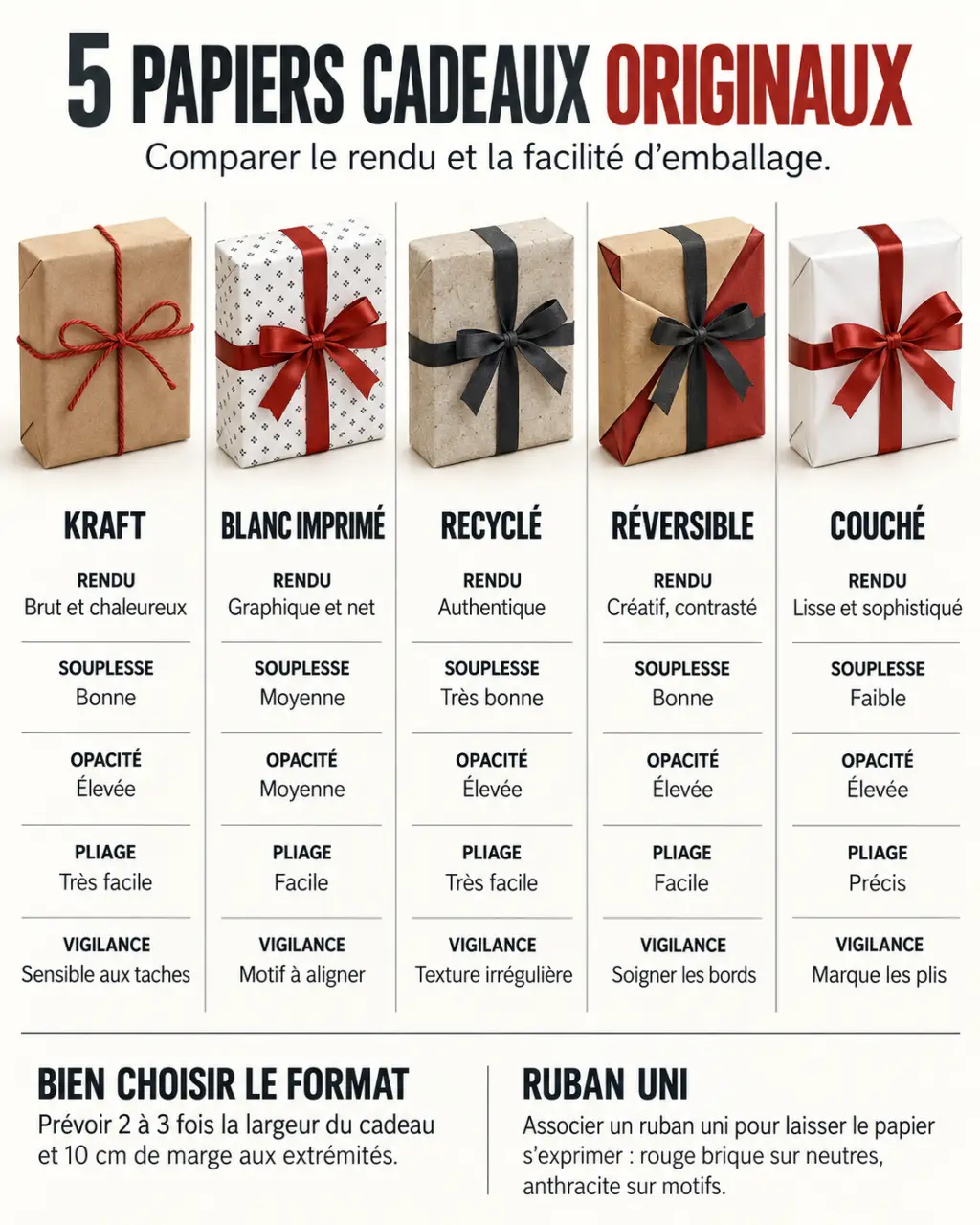 Infographie comparative de papiers cadeaux originaux selon la matière, le rendu et la facilité de pliage