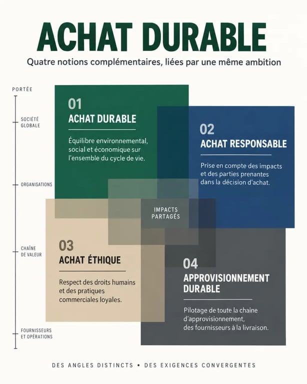 Infographie sur l'achat durable, l'achat responsable, l'achat éthique et l'approvisionnement durable