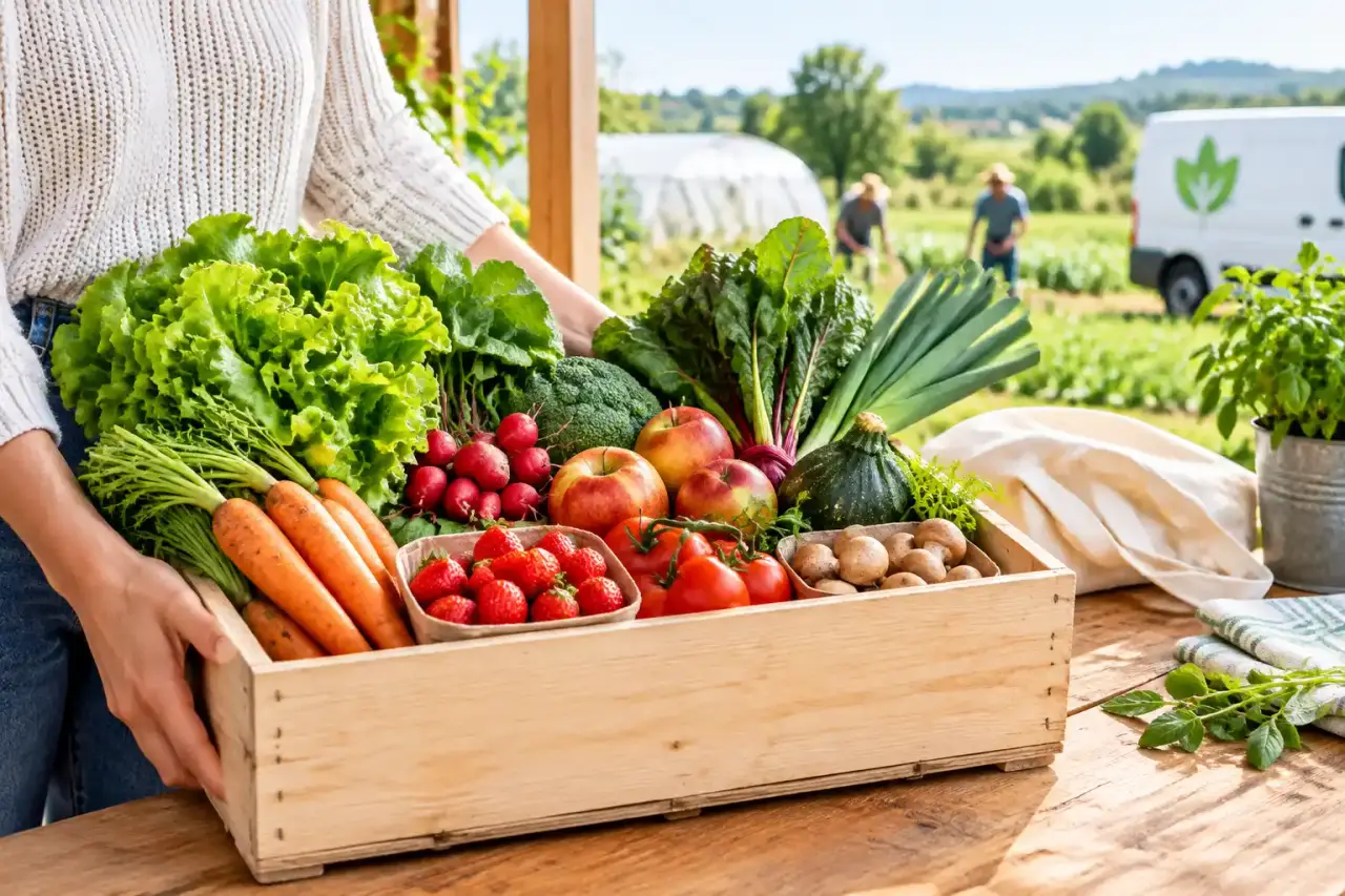 Panier en osier rempli de légumes bio et locaux de saison sur une table en bois