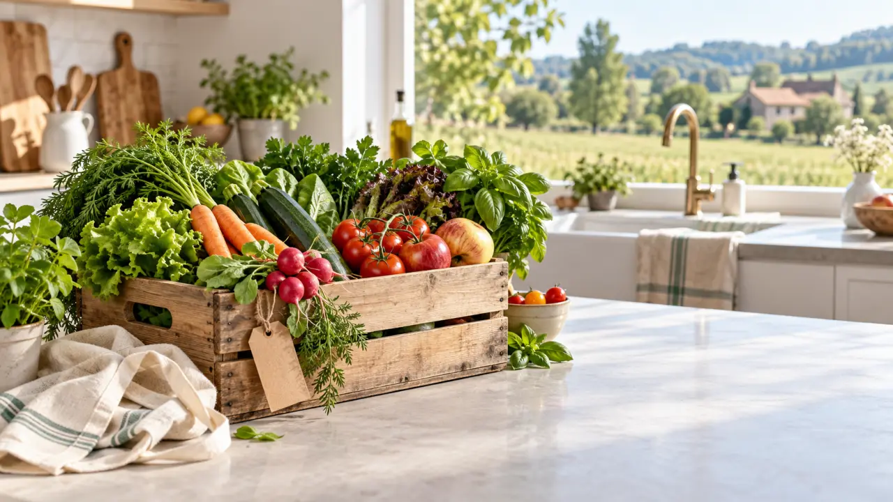 Panier bio rempli de fruits et légumes de saison récoltés localement