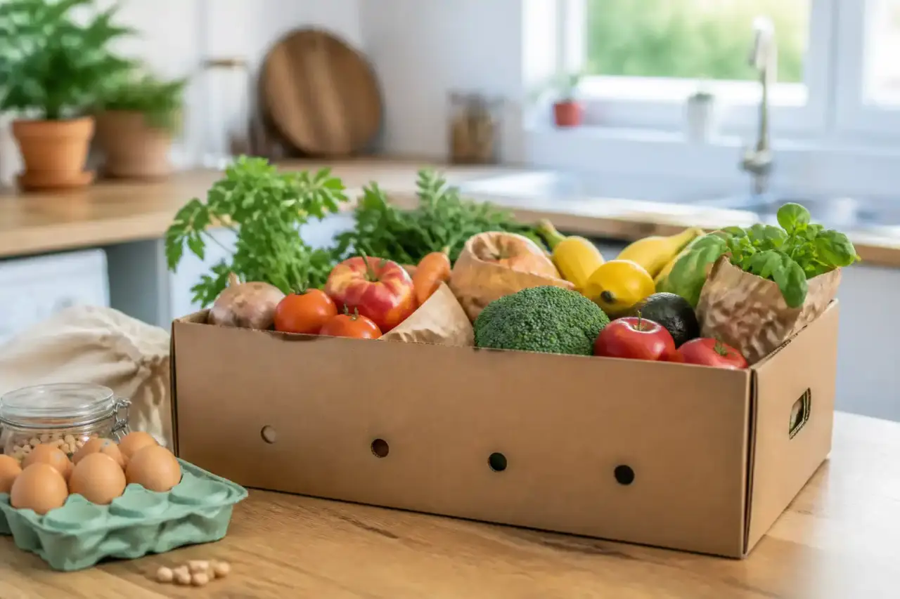 Panier en osier rempli de légumes de saison sur une table en bois, lumière du matin
