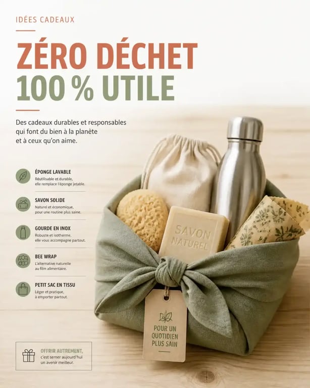 Idée cadeau zéro déchet emballée en furoshiki avec gourde inox, savon solide et bee wrap