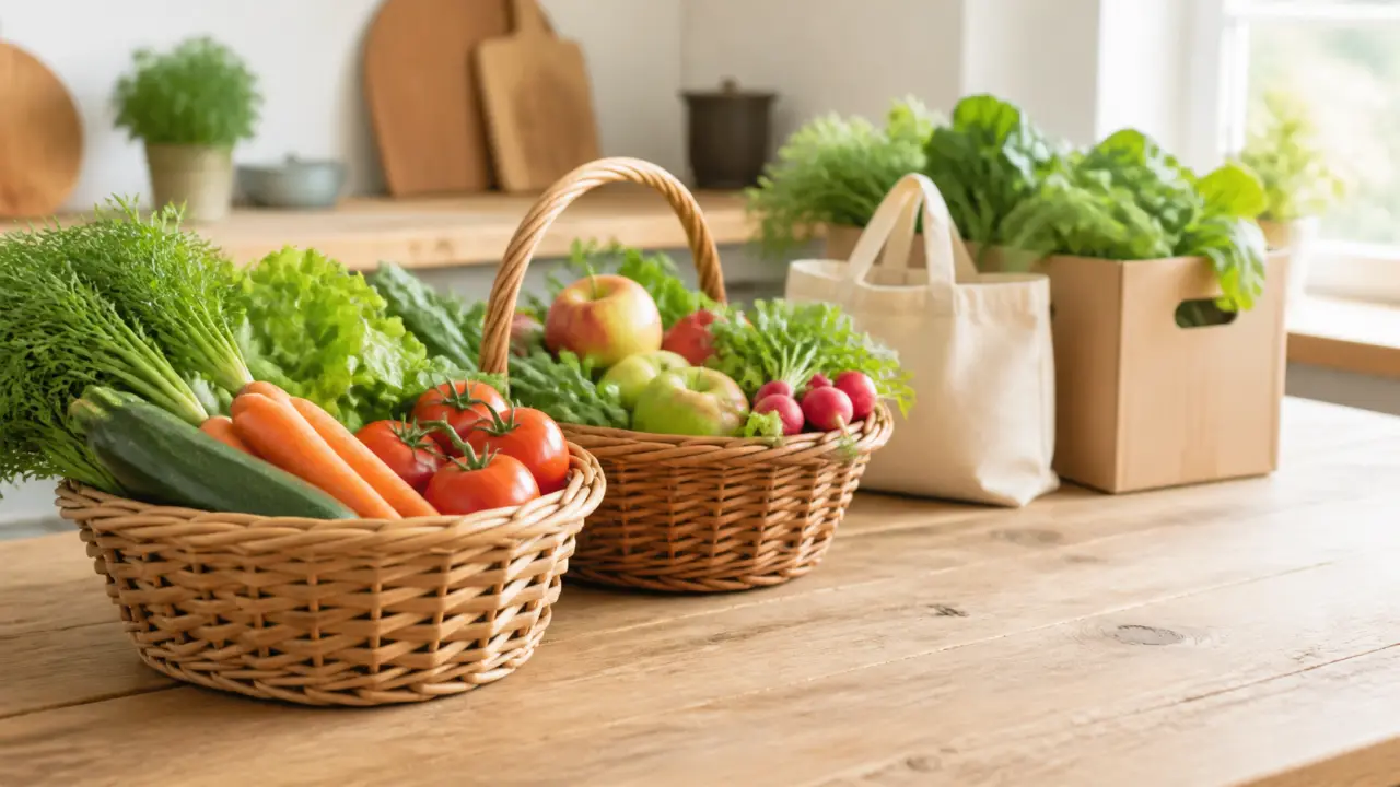 Panier bio de fruits et légumes de saison, prêt à être dégusté