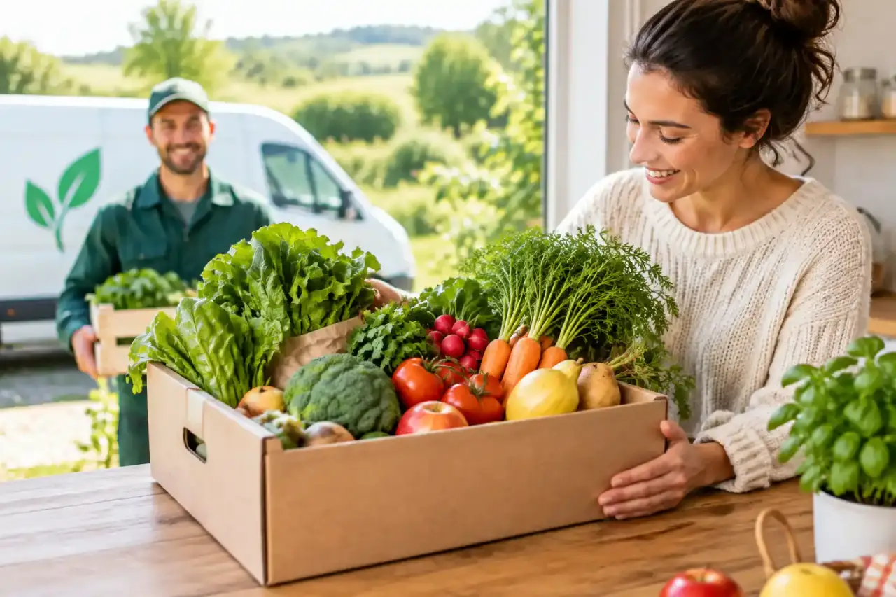 Panier en osier rempli de fruits et légumes bio de saison sur une table en bois