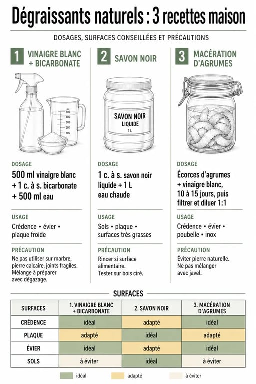 Dégraissant naturel : comparaison des recettes au vinaigre blanc, bicarbonate et savon noir