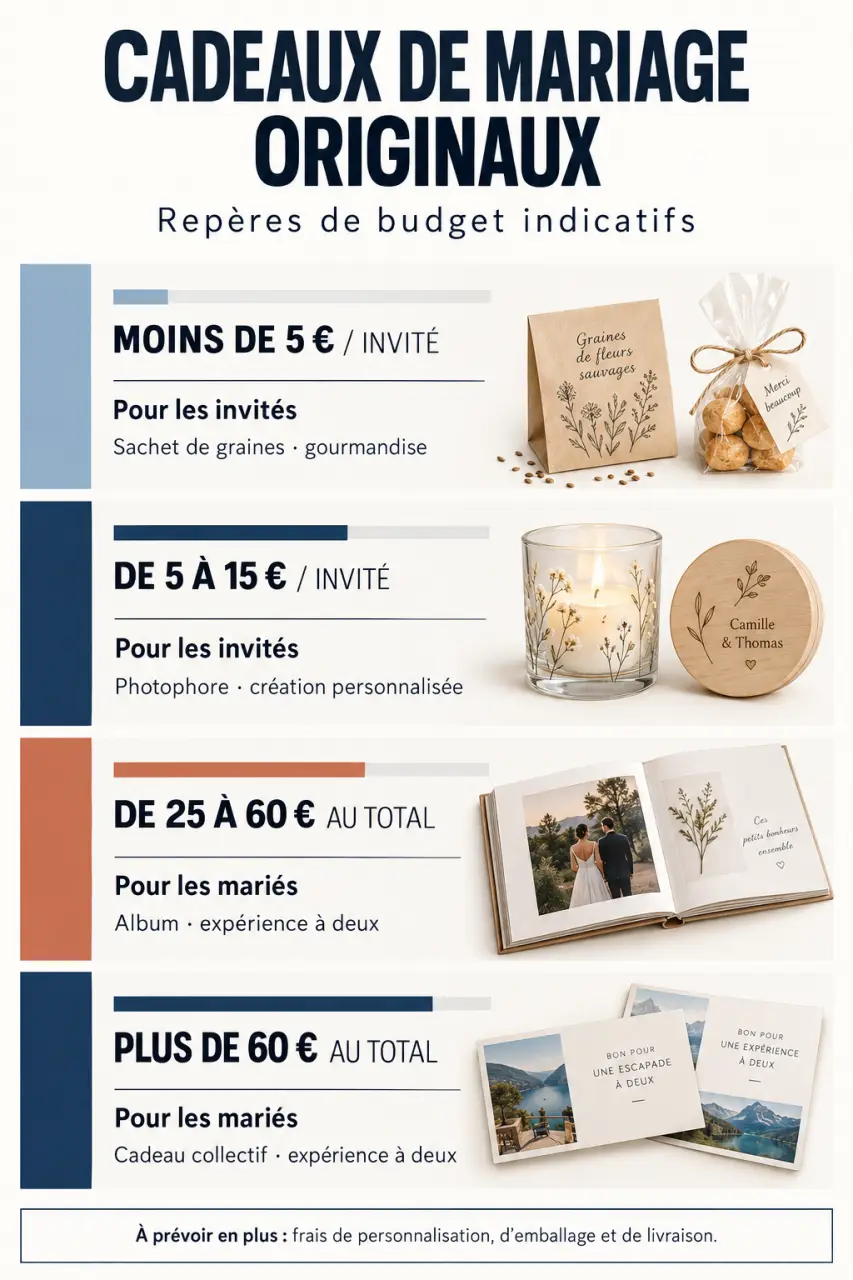 Infographie des budgets indicatifs pour des cadeaux mariages originaux selon le destinataire