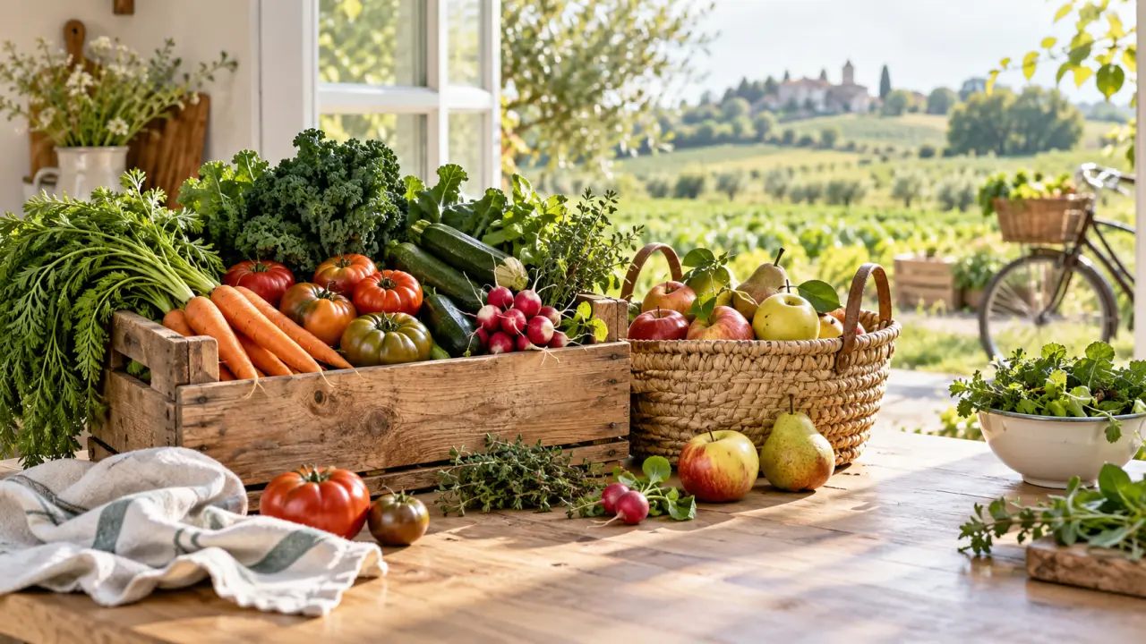 Panier en osier rempli de fruits et légumes bio de saison sur une table en bois