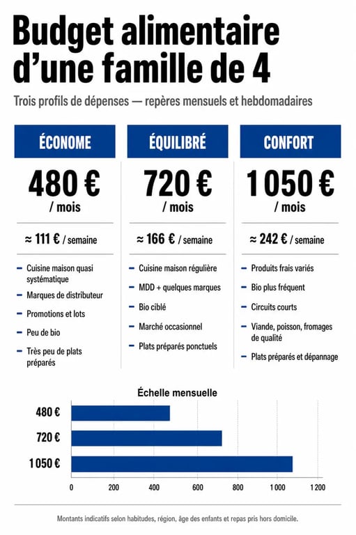 Budget alimentation famille 4 personnes : comparaison des profils économique, standard et confort