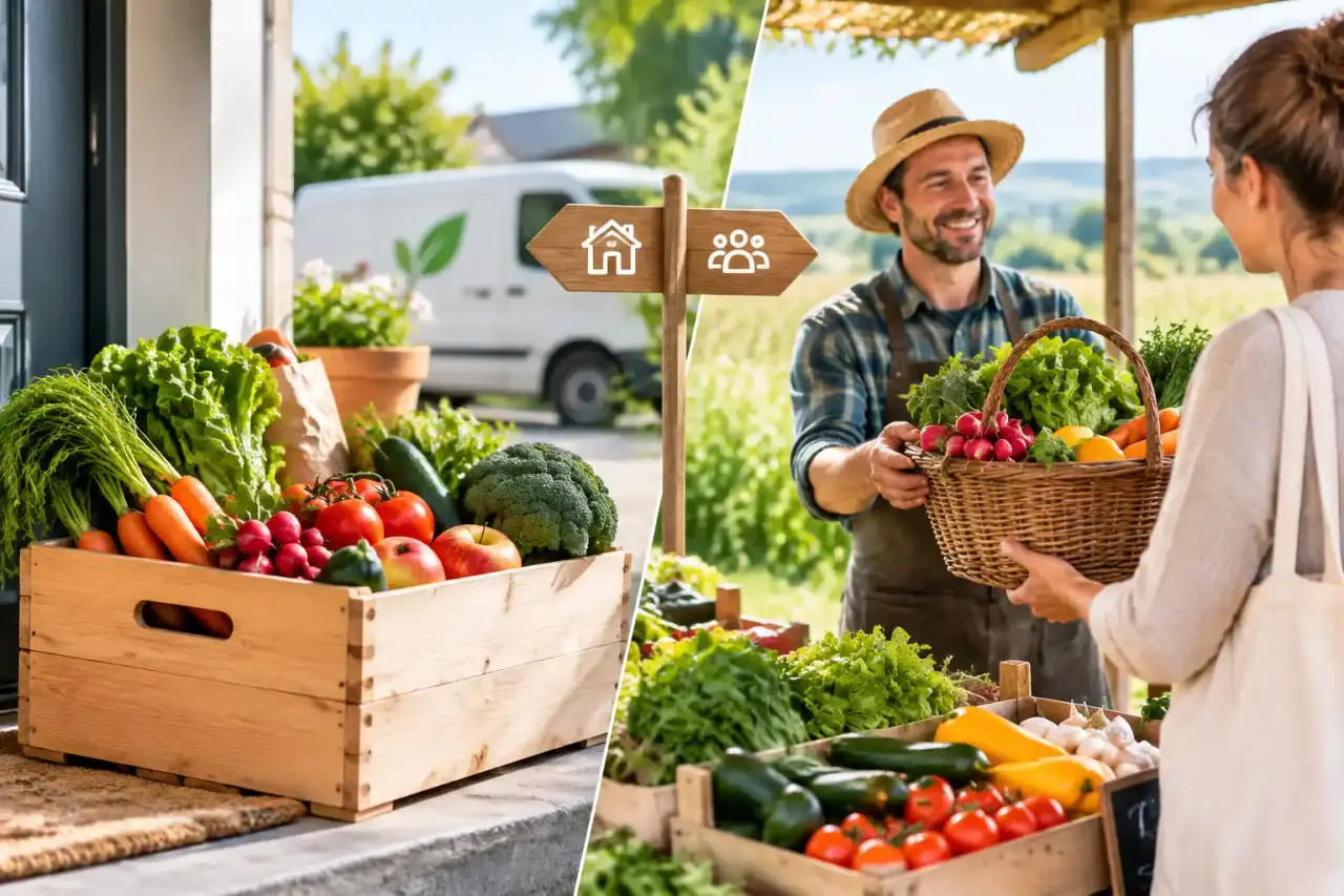 Panier en osier rempli de fruits et légumes bio de saison sur une table en bois