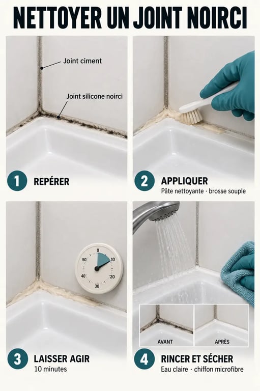 Étapes pour nettoyer un joint de salle de bain noirci avec une brosse et une pâte nettoyante