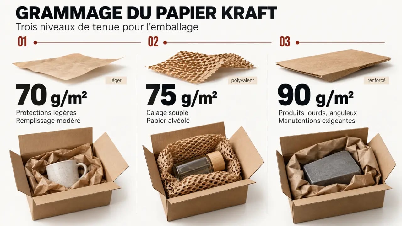 Papier kraft emballage : niveaux de grammage 70, 75 et 90 g/m² et usages associés