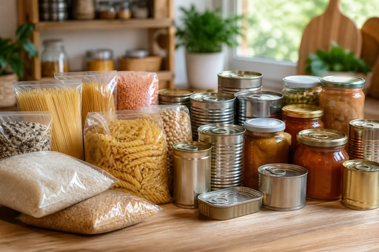 Denrées non périssables : riz, pâtes, conserves et miel pour un stock qui dure