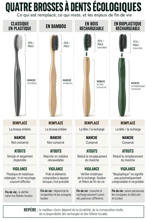 Infographie comparative des types de brosse à dents écologique et de leur fin de vie