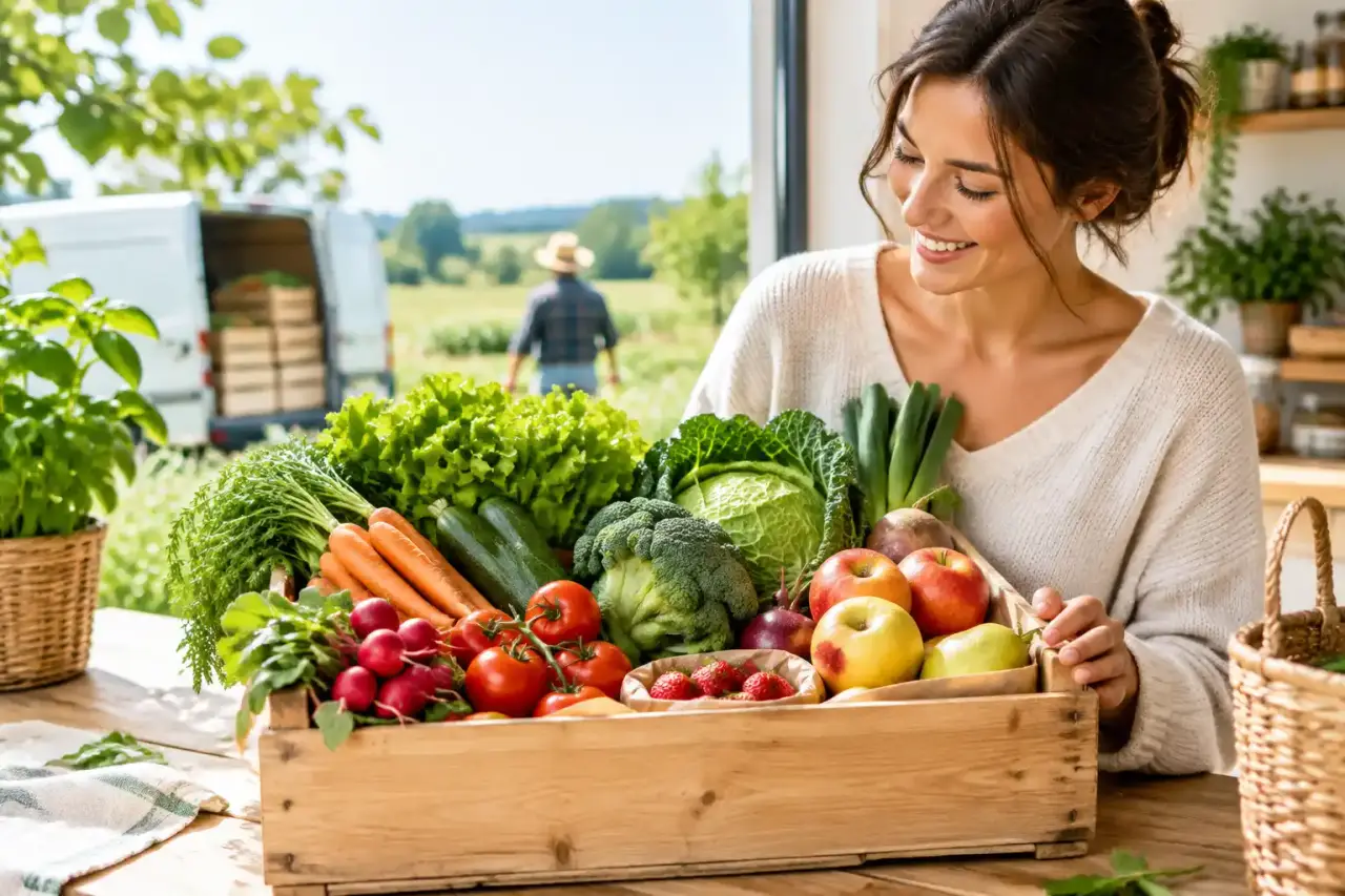 Panier bio local rempli de légumes de saison sur une table en bois