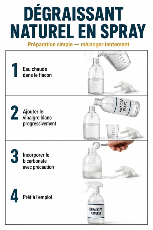 Dégraissant naturel : étapes pour préparer un spray maison au vinaigre blanc et bicarbonate