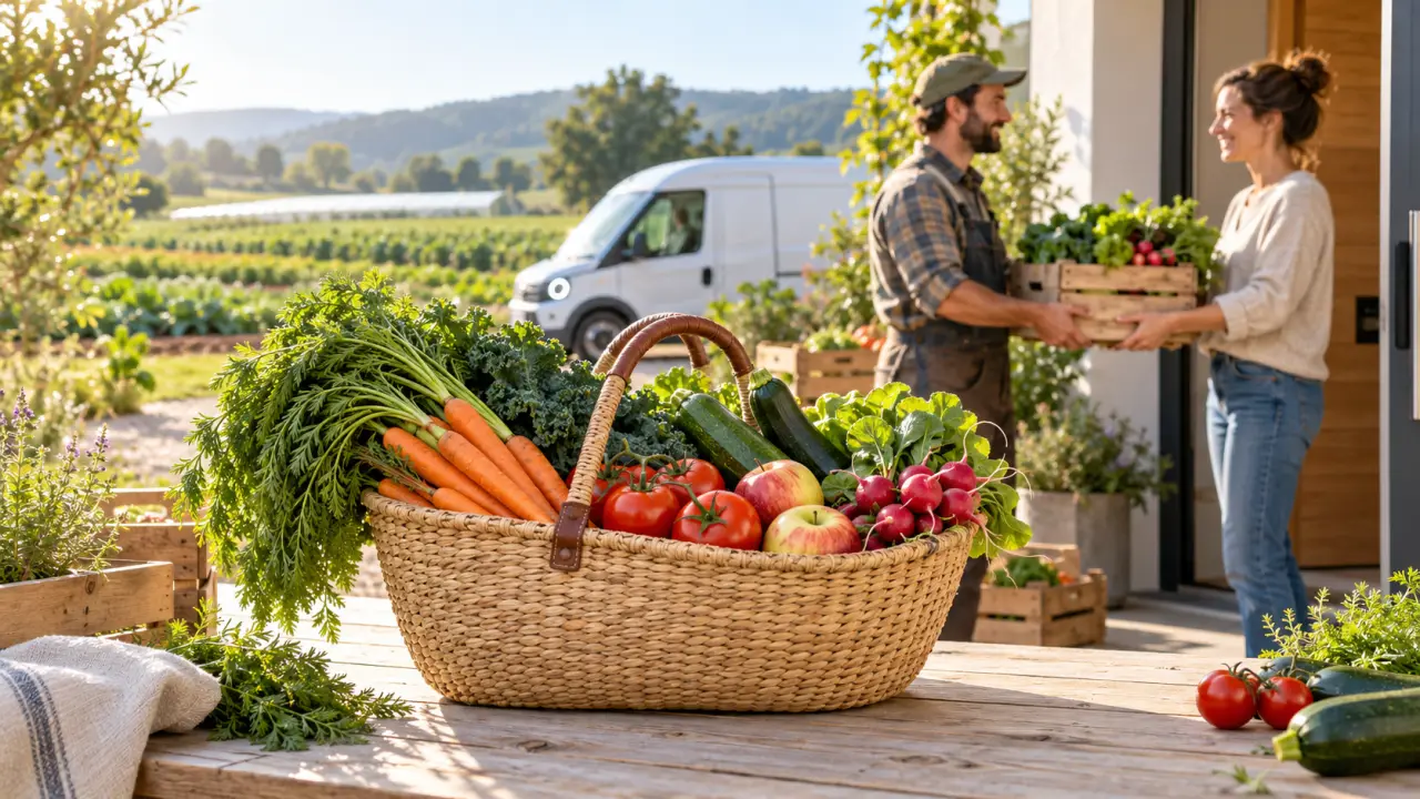 Panier en osier rempli de légumes et de fruits de saison, fraîchement récoltés
