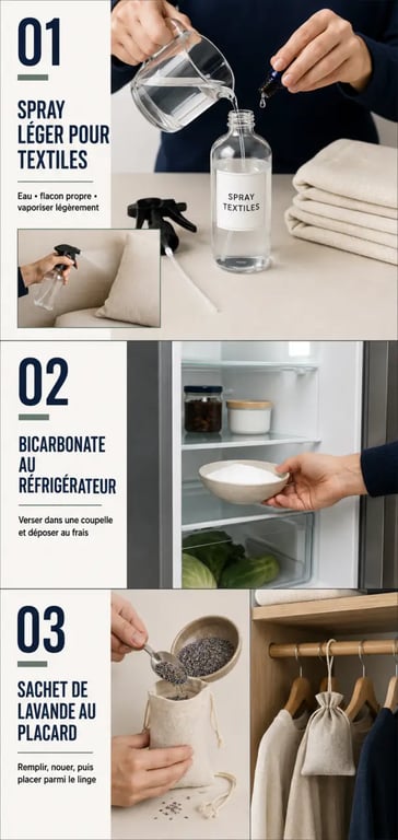 Préparation de désodorisants maison en spray, coupelle de bicarbonate et sachet de lavande
