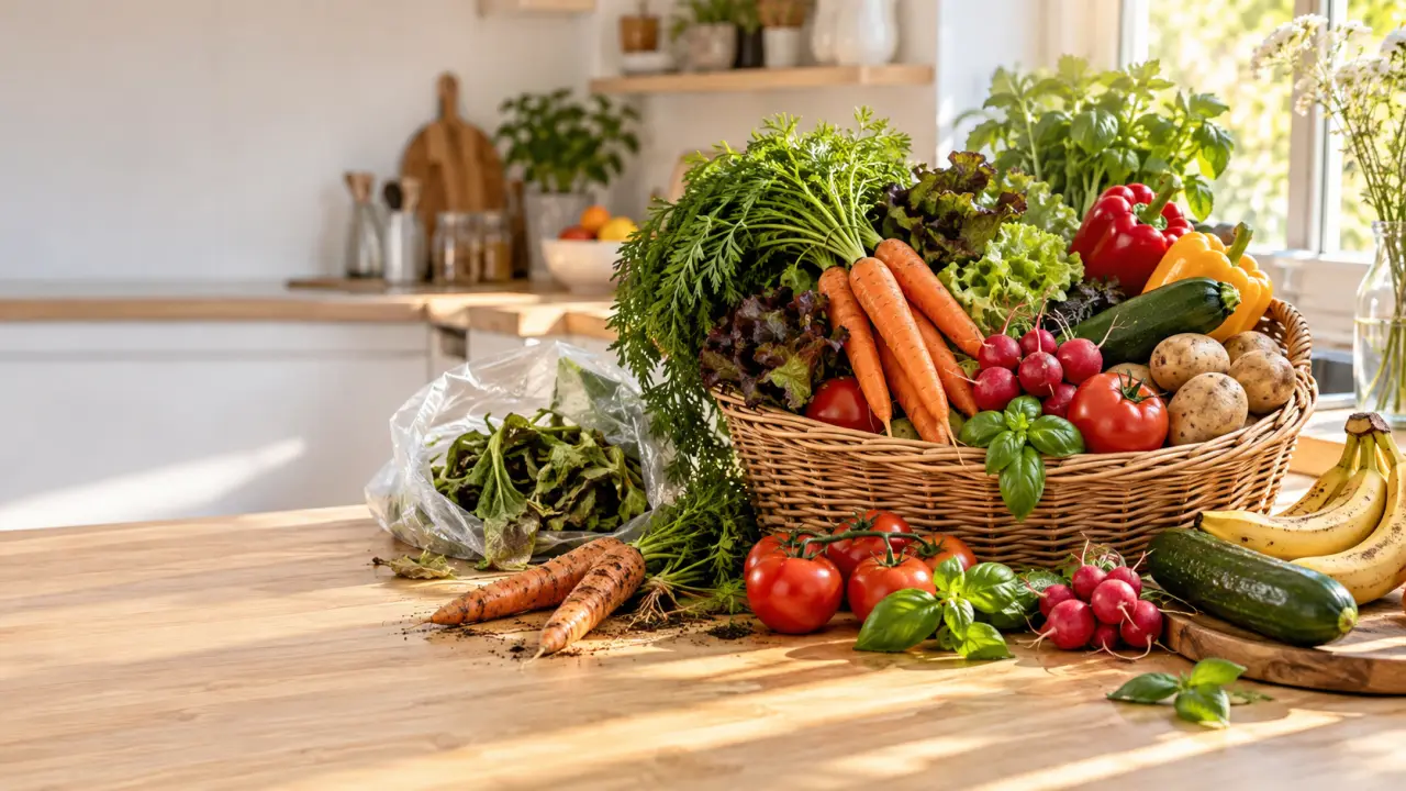 Panier bio local rempli de légumes de saison sur une table en bois