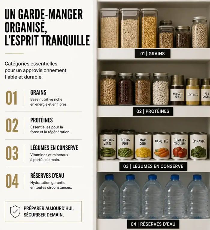 Organisation d'une liste de provisions alimentaires pour 1 mois dans un garde-manger