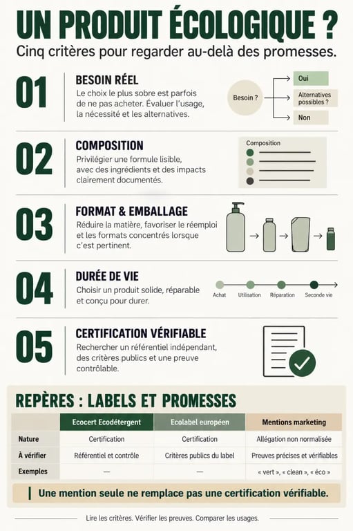 Infographie pour choisir un produit écologique selon sa composition, son emballage, sa durée de vie et ses labels
