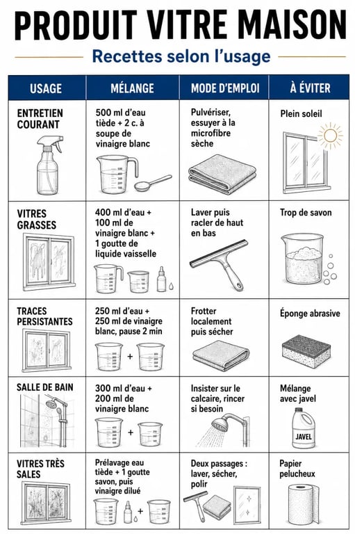 Produit vitre maison : tableau comparatif des recettes selon l’usage