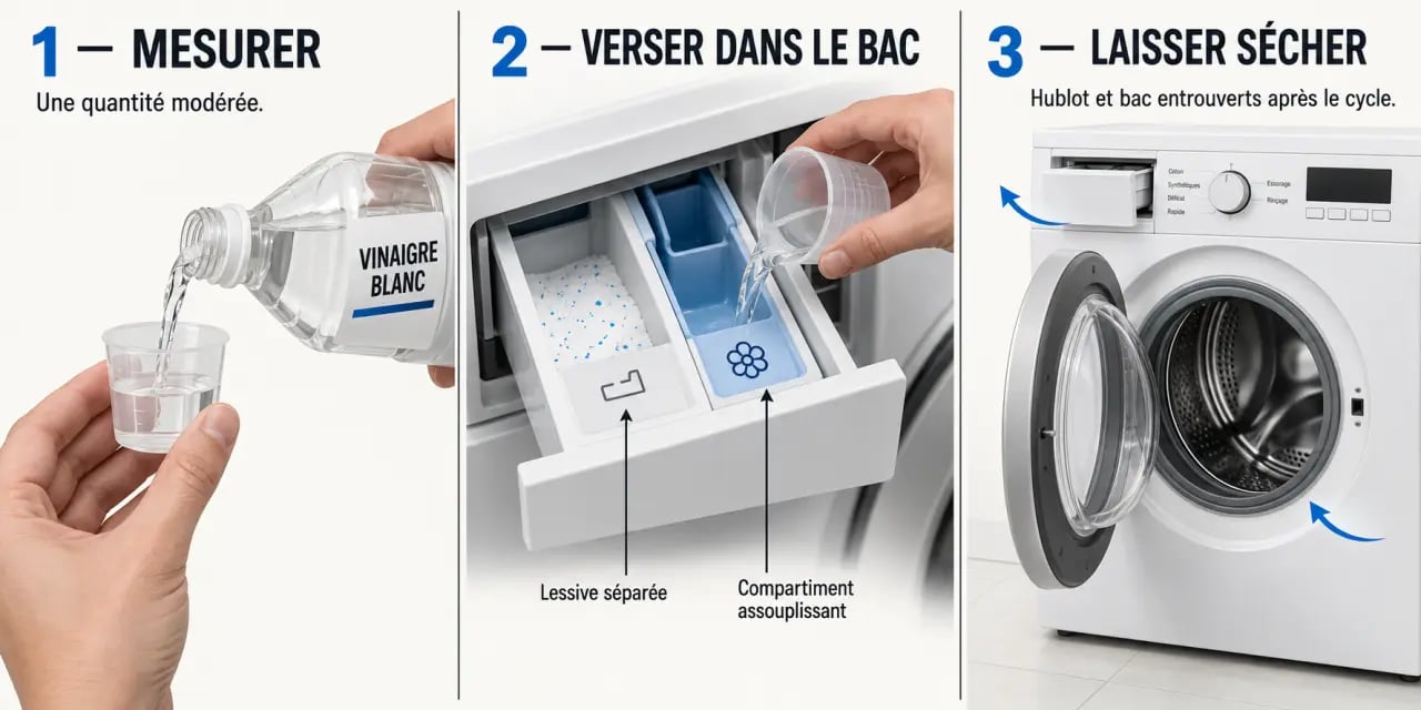 Vinaigre blanc lessive : où le verser dans le lave-linge et comment l’utiliser au rinçage