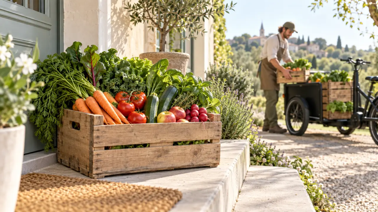 Panier en osier rempli de fruits et légumes bio de saison