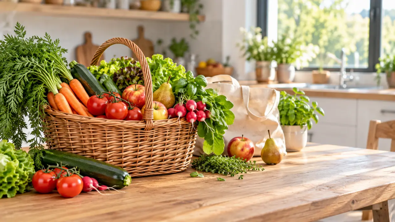Panier en osier rempli de fruits et légumes bio de saison sur une table en bois