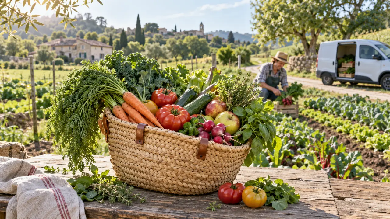 Panier en osier rempli de légumes bio et locaux de saison