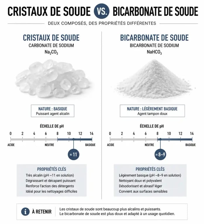Comparaison cristaux de soude ou bicarbonate de soude selon le pH et la texture