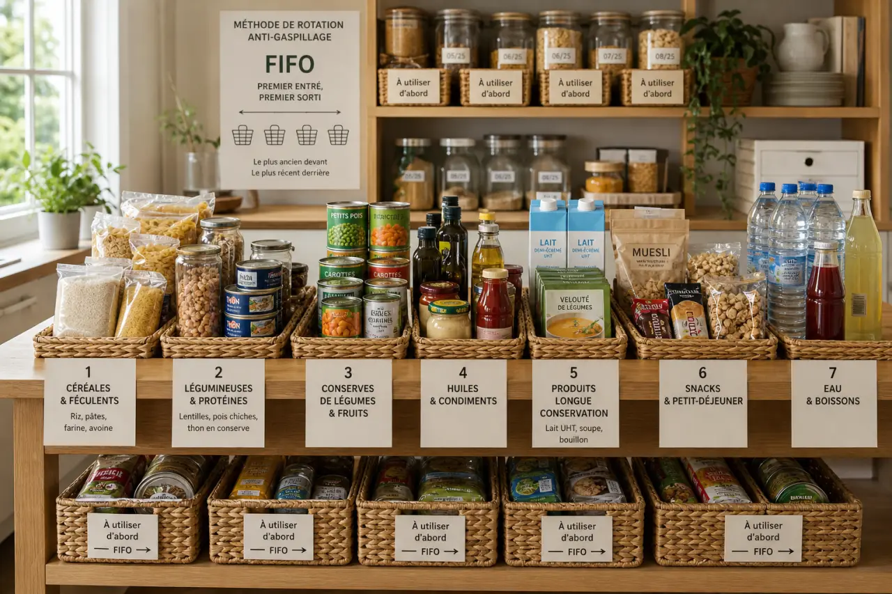 Réserve alimentaire d'un mois : 7 catégories clés et la méthode de rotation pour éviter le gaspillage
