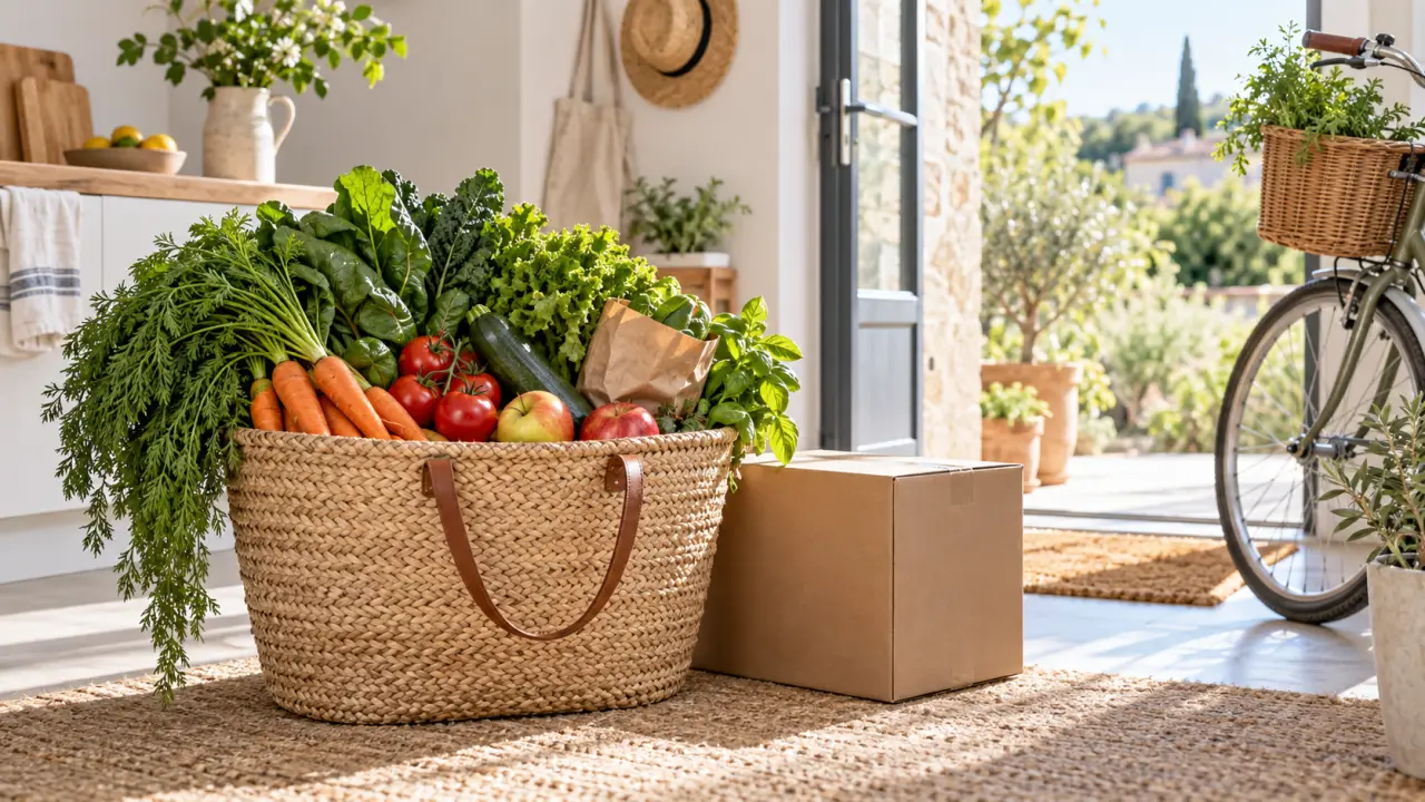 Panier en osier rempli de fruits et légumes bio de saison