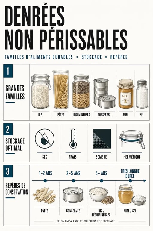 Denrées non périssables : synthèse visuelle des aliments qui se conservent longtemps et des règles de stockage