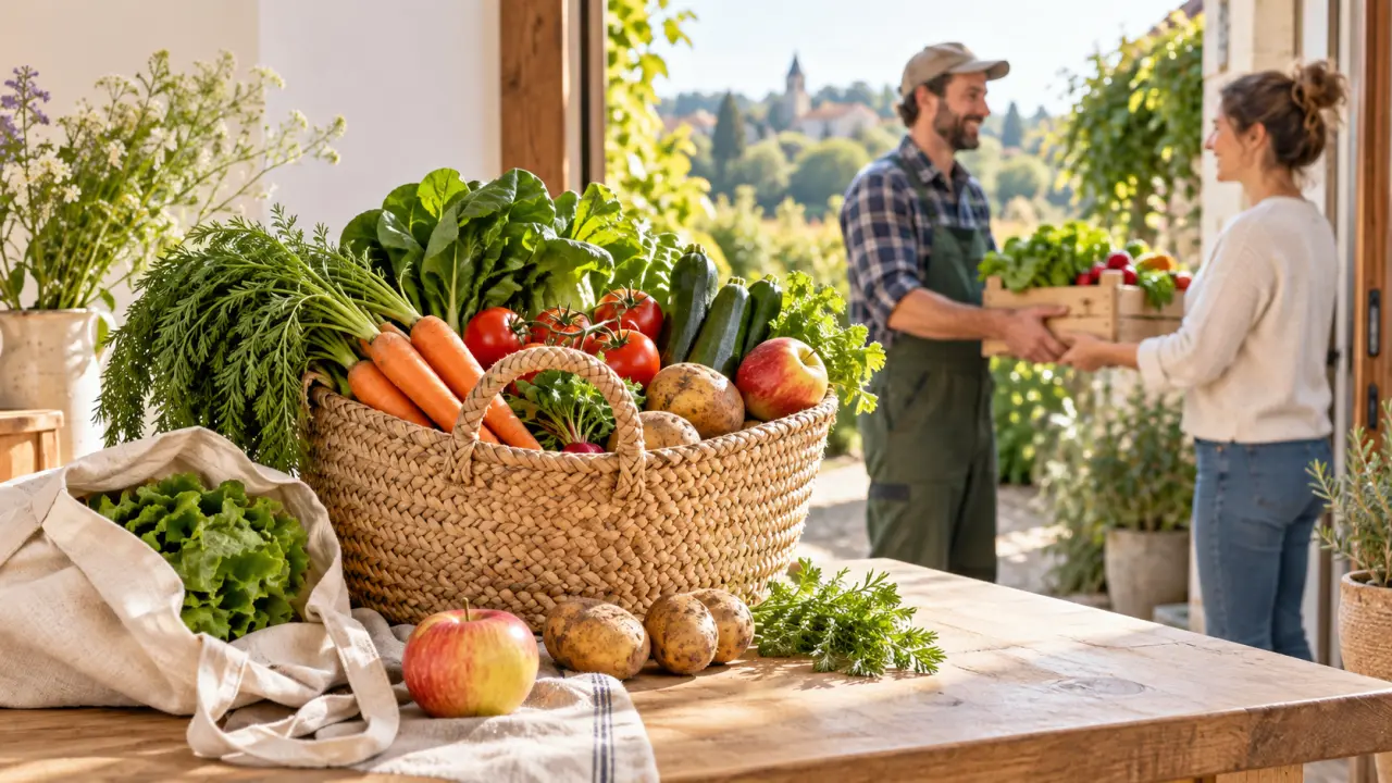 Panier en osier rempli de fruits et légumes bio de saison