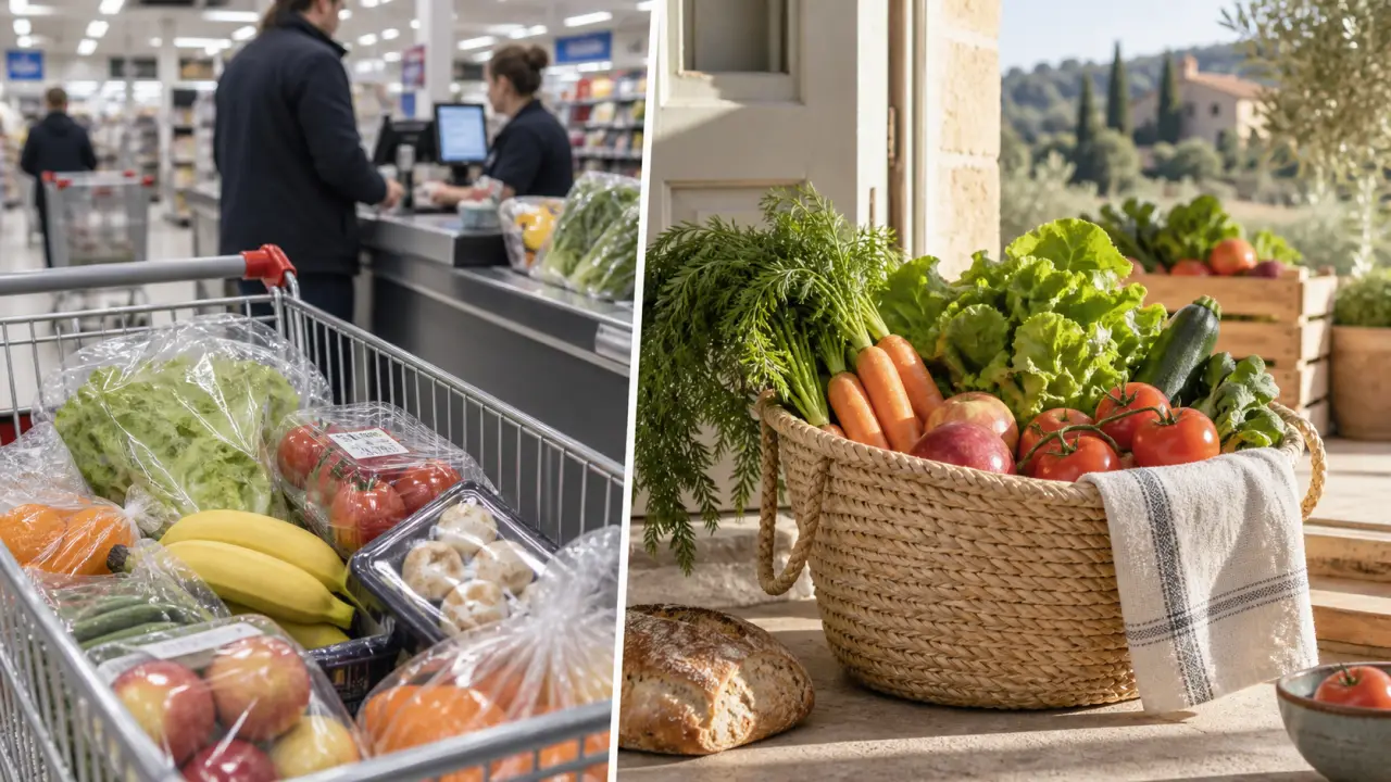 Panier de fruits et légumes bio et locaux posé sur une table en bois
