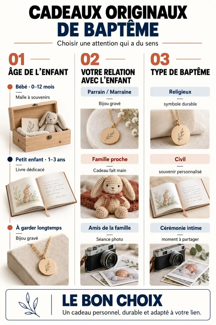 Infographie pour choisir des cadeaux originaux baptême selon l’âge, la relation et le type de cérémonie