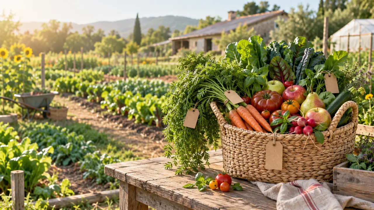 Panier en osier rempli de légumes bio et locaux de saison