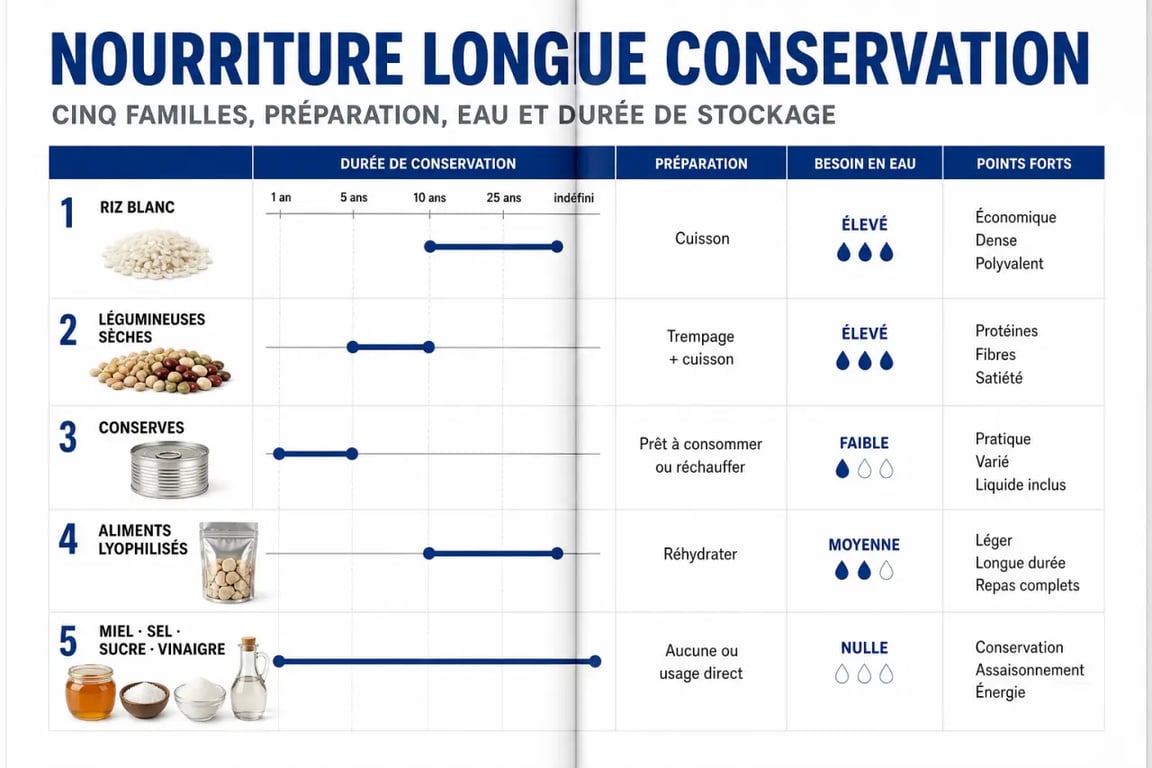 Nourriture longue conservation : comparaison visuelle des aliments selon durée de stockage, préparation et besoin en eau