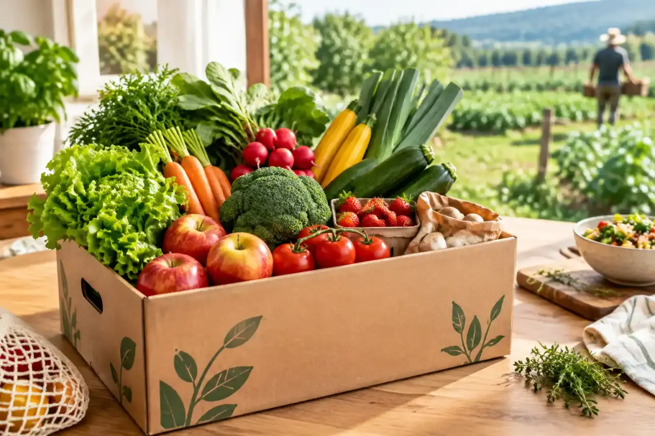Panier de légumes bio et locaux de saison posé sur une table en bois