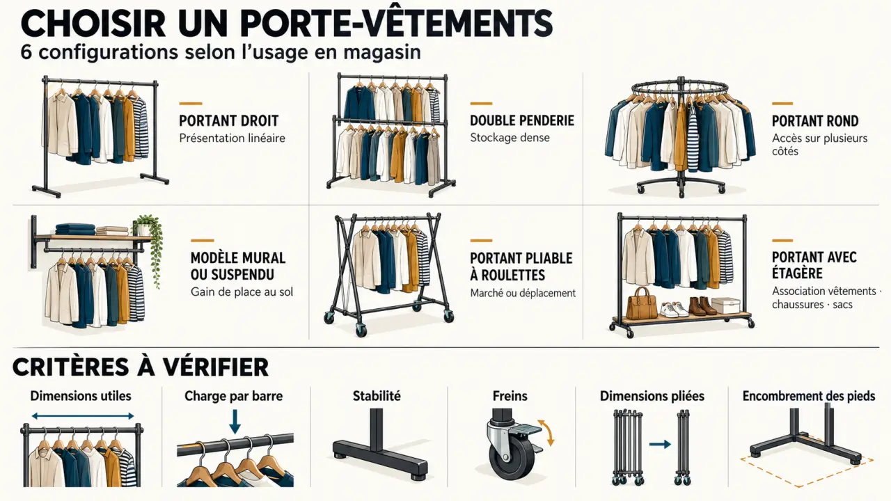 Infographie sur les configurations d’un porte vêtements pour magasin et leurs usages
