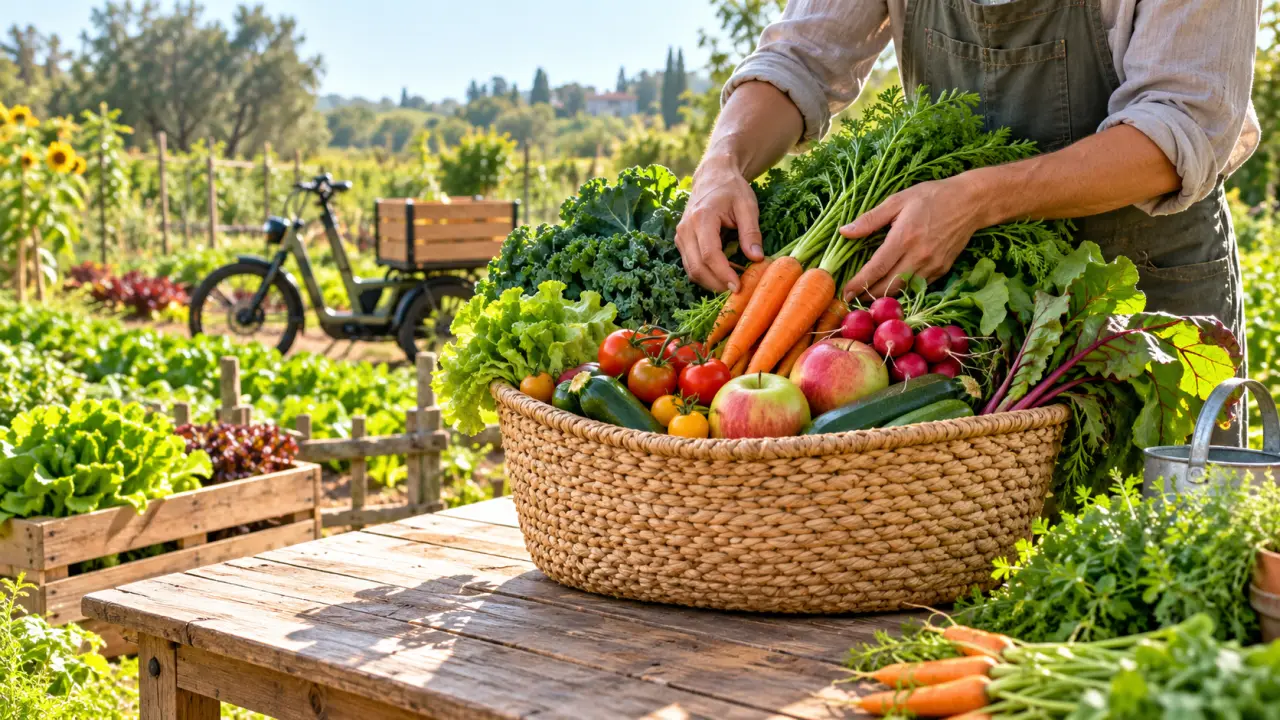 Panier en osier rempli de fruits et légumes bio de saison sur une table en bois