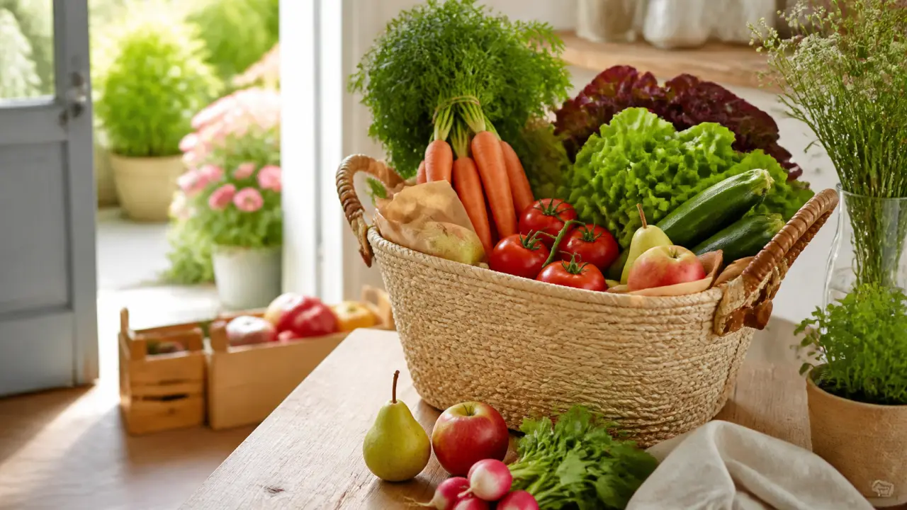 Panier en osier débordant de légumes de saison sur une table en bois