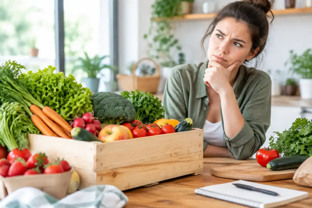 Panier bio local rempli de fruits et légumes de saison sur une table en bois