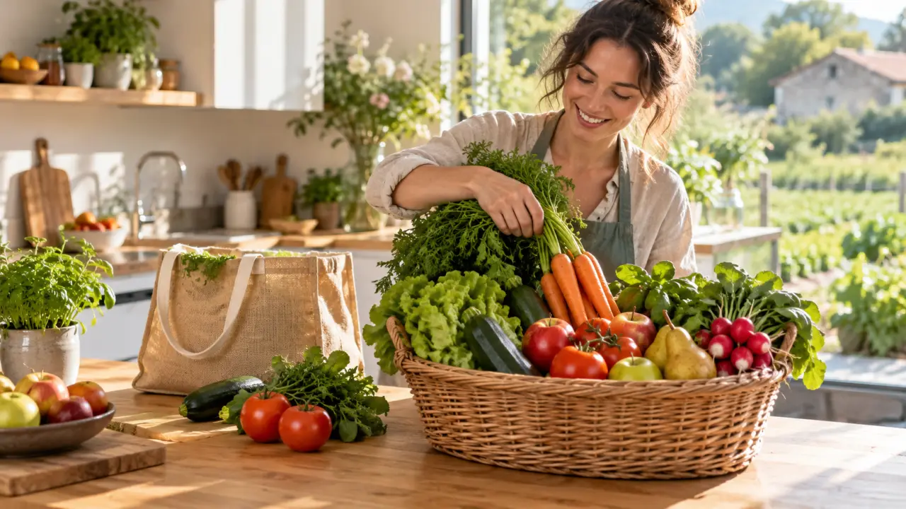 Panier en osier rempli de fruits et légumes bio de saison sur une table en bois