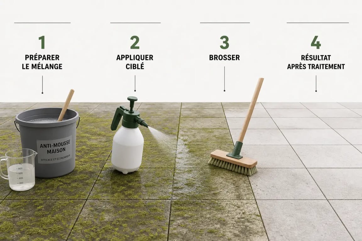 Anti mousse maison appliqué sur une terrasse verdie avec pulvérisateur, seau et balai-brosse