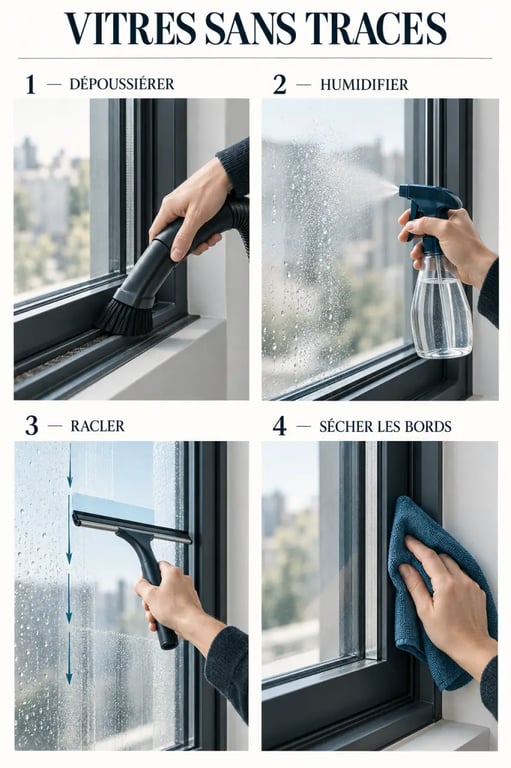 Étapes pour nettoyer une vitre sans traces avec microfibre et raclette