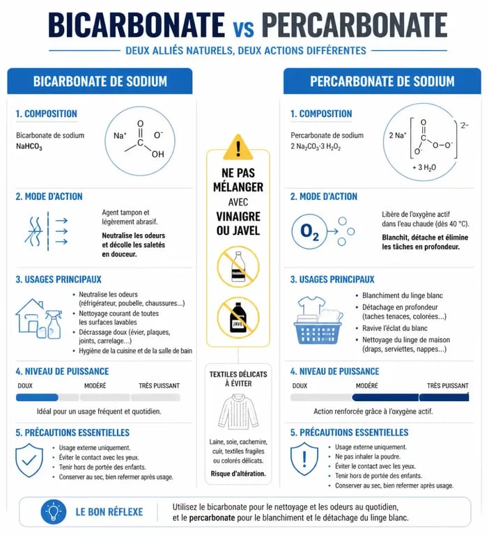 Différence entre bicarbonate et percarbonate : usages, puissance et précautions comparés