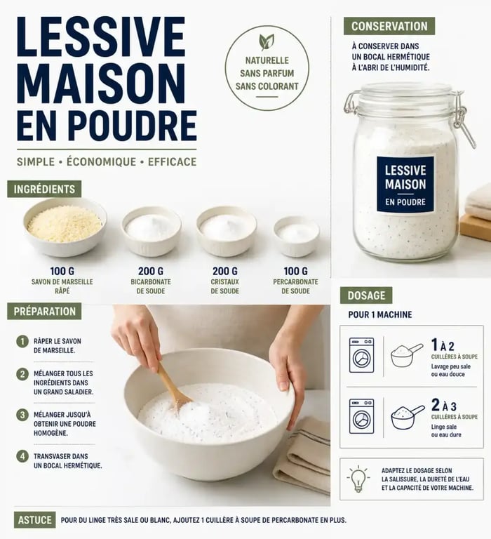 Lessive maison en poudre avec ingrédients, mélange et bocal hermétique