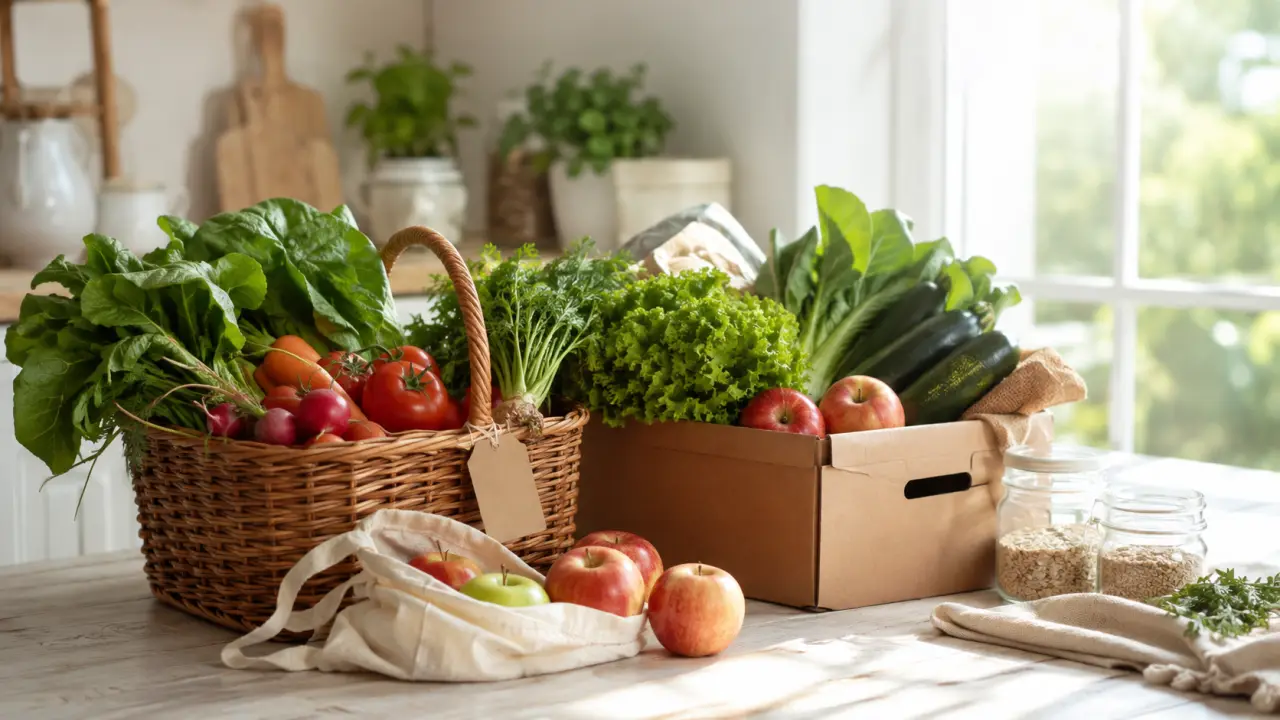 Panier en osier rempli de légumes de saison colorés sur une table en bois
