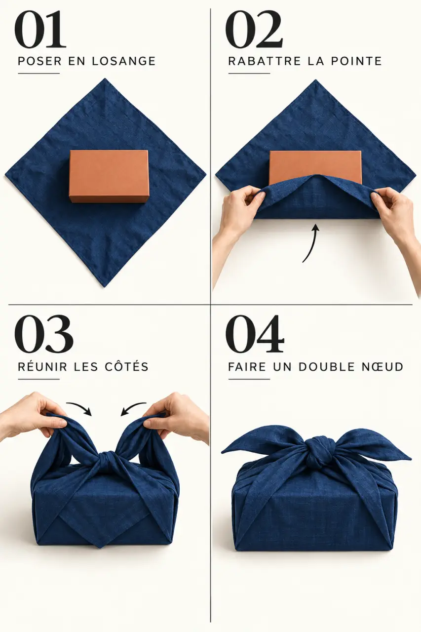 Paquets cadeaux originaux avec les étapes du furoshiki sur un coffret